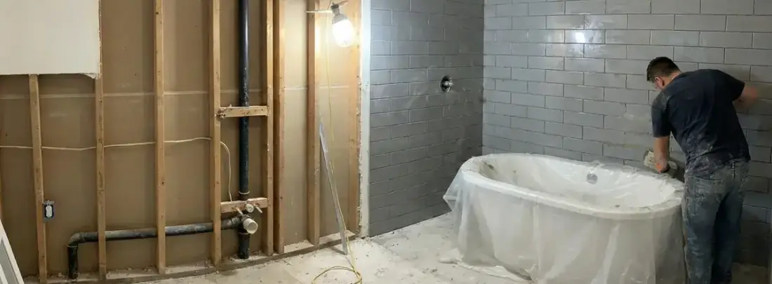 Un bagno in lavorazione: parete nuova piastrellata, vasca coperta da un telo e un operaio al lavoro.