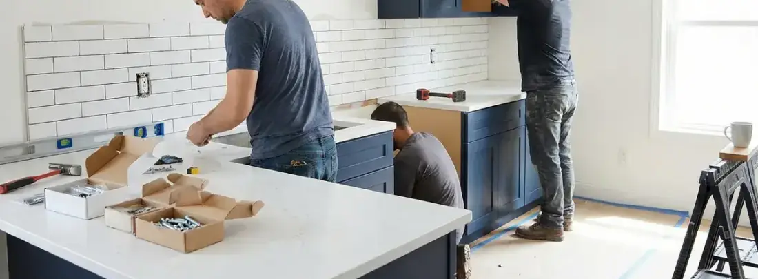 Una cucina in montaggio: tre operai, ante blu, piano di lavoro nuovo e la viteria ancora nelle scatole.