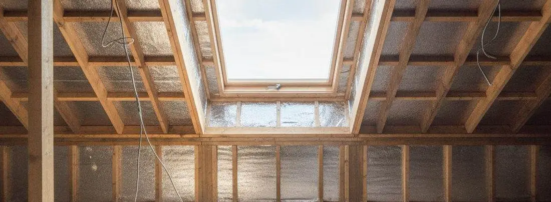 Un sottotetto in lavorazione: travi in legno a vista, isolante riflettente fra i montanti e un lucernario che dà sul cielo.