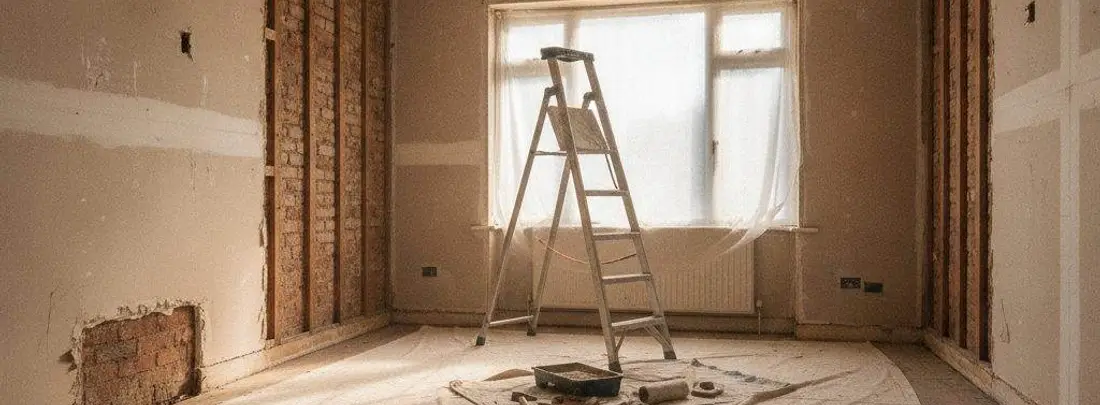 Una stanza durante i lavori: intonaco rimosso, mattoni a vista, una scala a pioli e attrezzi sul pavimento.