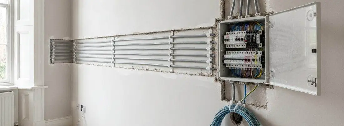 Impianto elettrico rifatto: quadro nuovo aperto e canaline nelle tracce del muro.