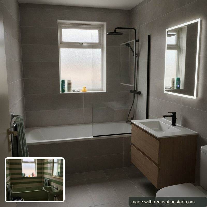 Esempio: un bagno con piastrelle verdi a fasce (riquadro in basso a sinistra) e la stessa stanza rifatta in grigio chiaro, come immagine creata dall’AI.