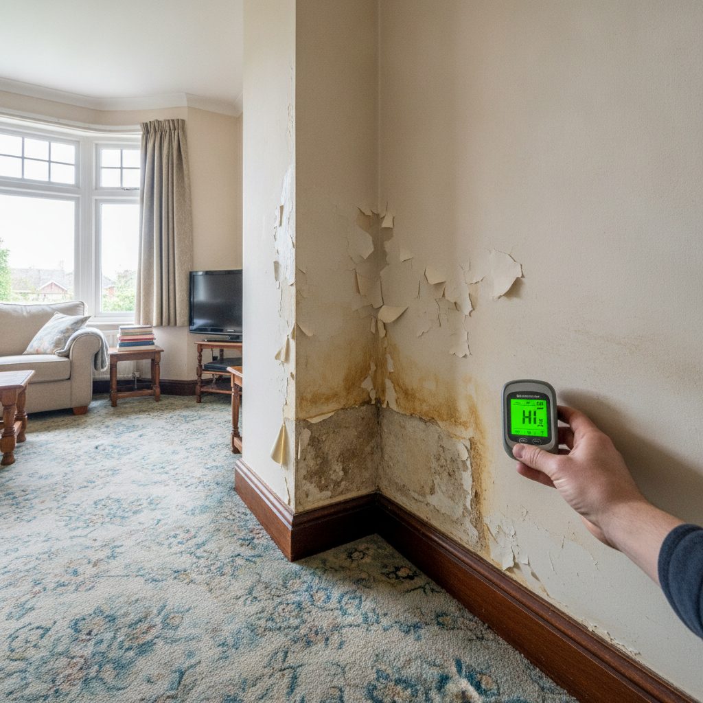 Rising damp on a wall being measured