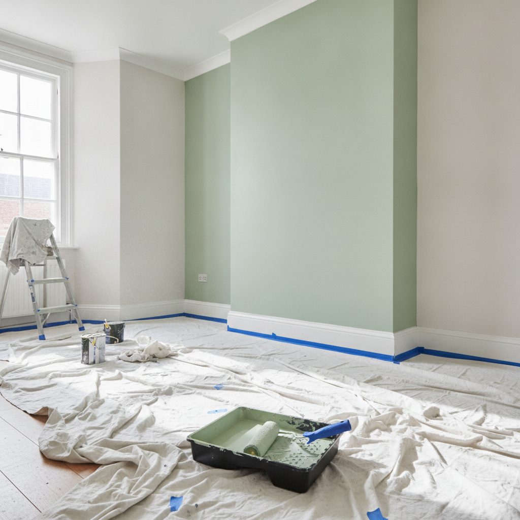 Room being painted, roller and dust sheets