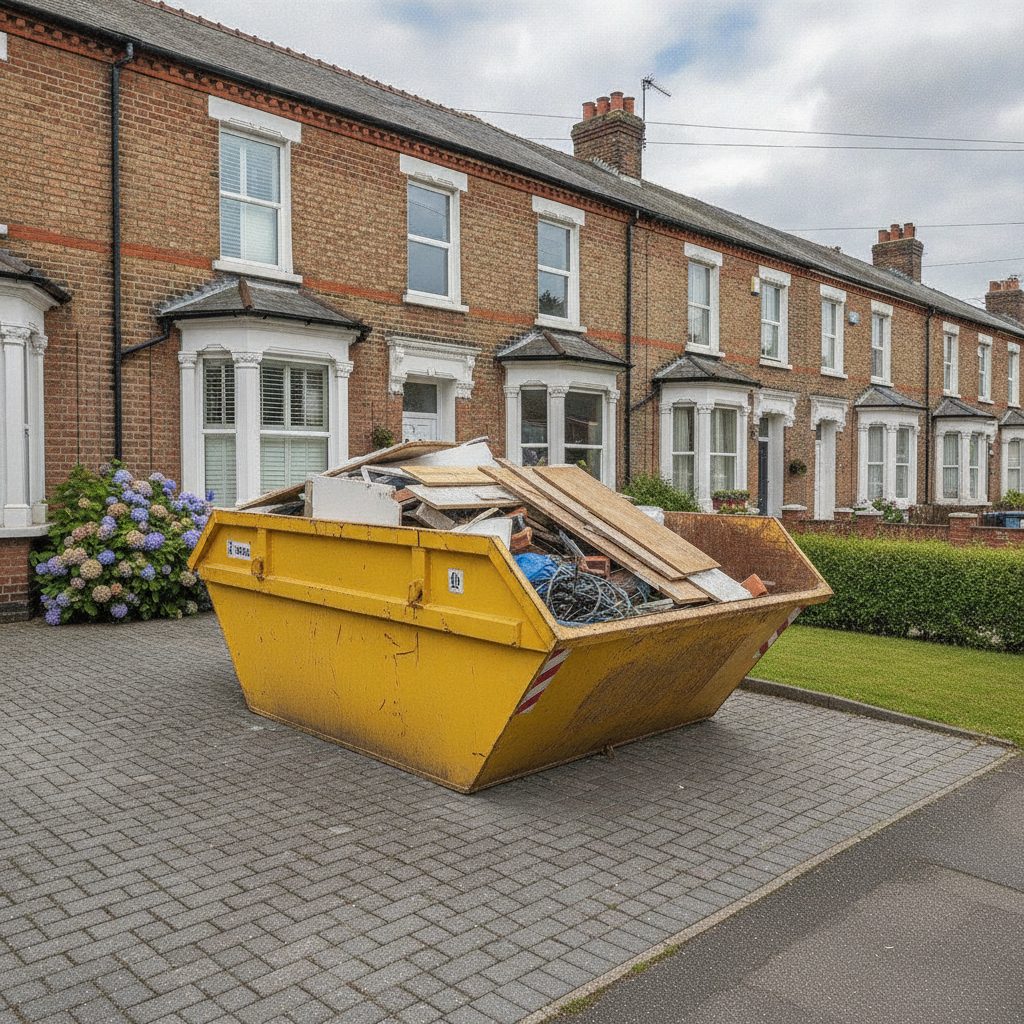 Builders skip on a driveway
