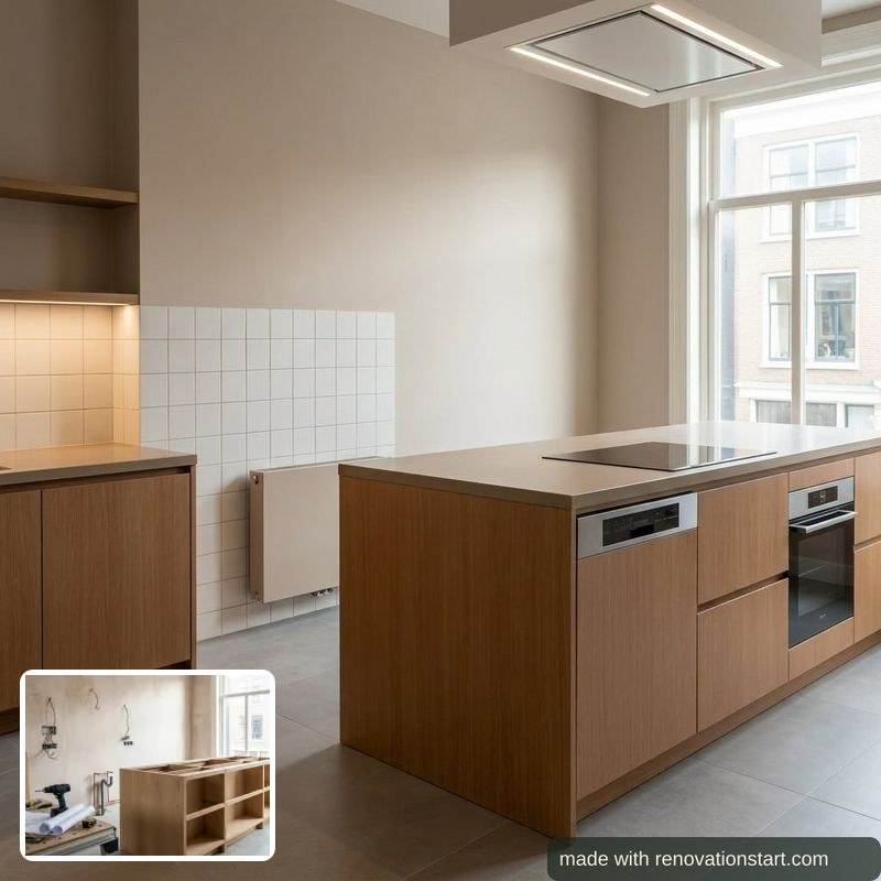 Esempio: una cucina ancora da montare (riquadro in basso a sinistra) e la stessa cucina finita in legno chiaro con isola, come immagine creata dall’AI.
