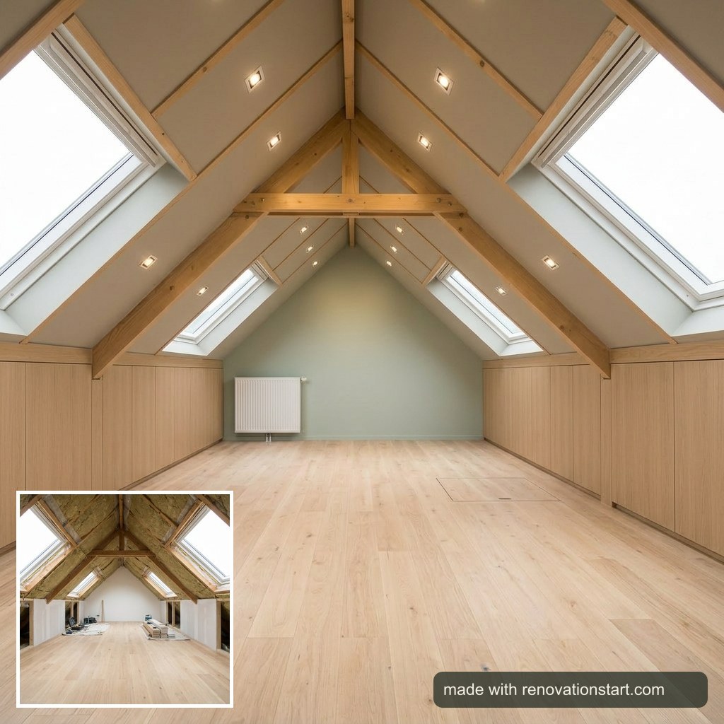 Example: an unfinished loft with bare rafters and insulation (inset bottom-left) and the same loft finished, as an AI impression