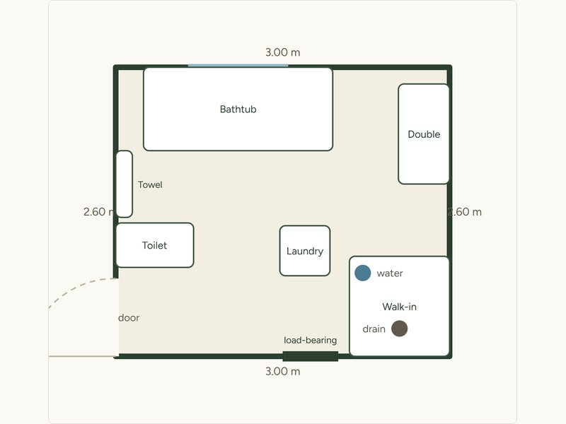 The 2D room planner: bathtub under the window, walk-in shower in the corner, toilet, vanity and a custom object drawn to scale, with the door swing and load-bearing wall marked