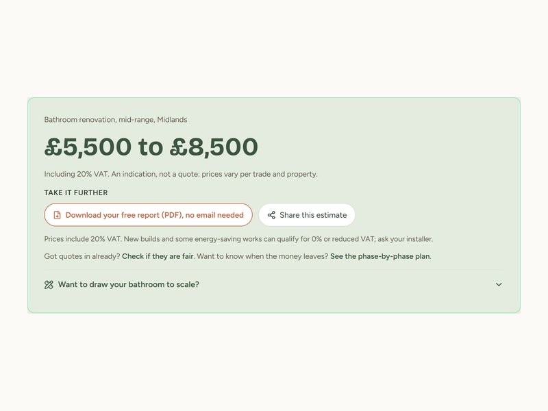 The calculator result: 5,500 to 8,500 pounds for a mid-range bathroom, including VAT