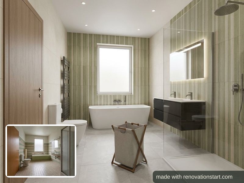 Immagine creata con l’AI dalla foto di un bagno vecchio e dalla pianta disegnata; il bagno vecchio si vede piccolo in basso a sinistra